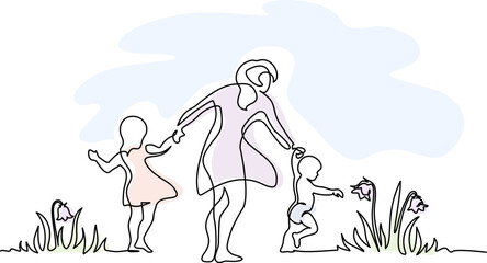 Mother walking with small children in garden with flowers - 748933857