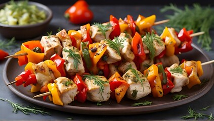 Chicken skewers with slices of sweet peppers and dill