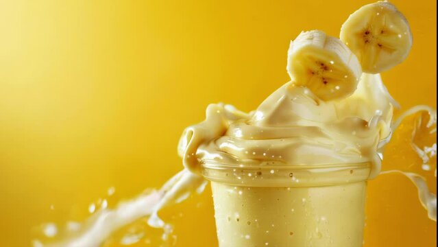 Fresh banana milkshake splash over yellow backdrop symbolizing summer refreshment