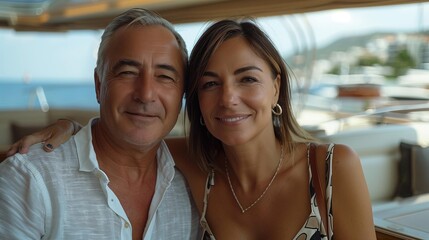Man and woman posing on boat in friendly photo with warm lighting.