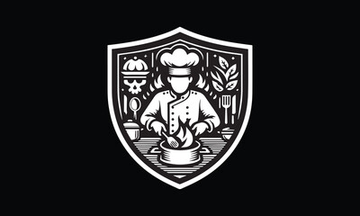 Shield with cooking, cook design logo, 