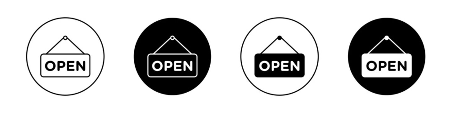 Open Sign Icon Set. Shop door business vector symbol in a black filled and outlined style. Welcome Beacon Sign.