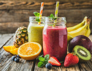 Frucht Smoothies auf Holzhintergrund