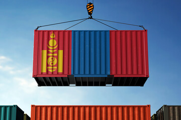 Mongolia trade cargo container hanging against clouds background