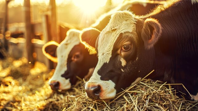 Close-up of cows lying on straw bedding, bathed in the warm golden hour sunlight