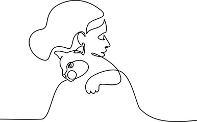 Woman with cat on her shoulder. Continuous one line drawing - 748934455