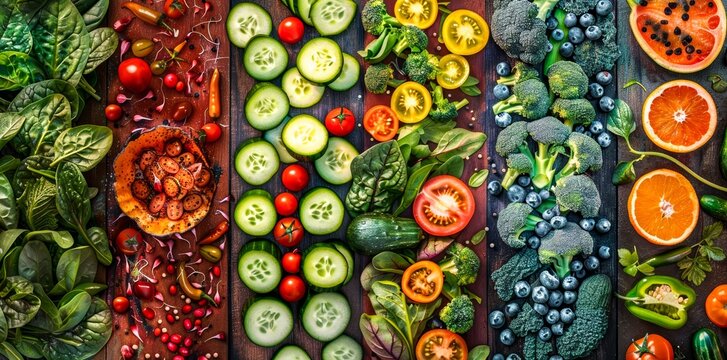 A colorful display of various fresh fruits and vegetables neatly arranged in rows, showcasing a rainbow of healthy options