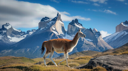 Vicunha no Parque Nacional Torres del Paine, Chile - obrazy, fototapety, plakaty