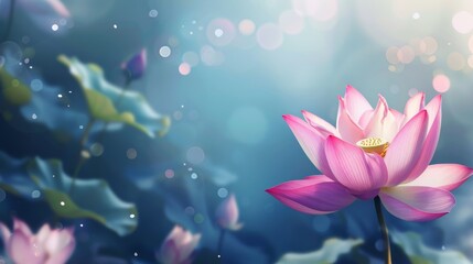 Dreamy image of a white lotus flower with a soft glow against a magical, bokeh light background, conveying a sense of peace and mysticism. Vesak day background, space for text - obrazy, fototapety, plakaty