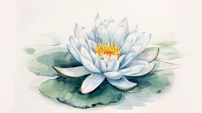 Elegant watercolor illustration of a blue lotus flower in full bloom with detailed petals and lush lily pads, on a soft background, symbolizing peace and tranquility.