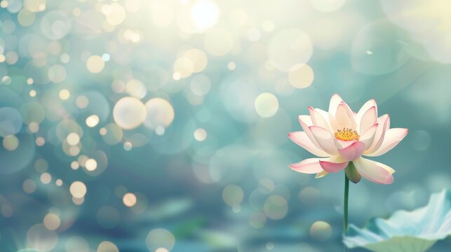 Dreamy image of a white lotus flower with a soft glow against a magical, bokeh light background, conveying a sense of peace and mysticism. Vesak day background, space for text