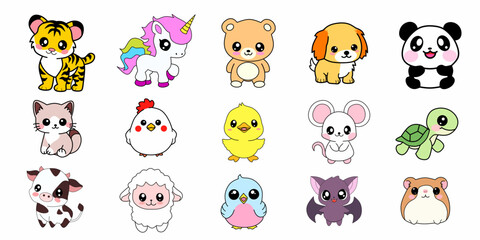 Set of Cute animals cartoon character in Kawaii style. Handrawn vector illustration. Isolated on white background