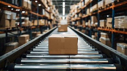 Automation in ecommerce warehouse conveyor belt moves cardboard boxes product distribution. Concept Automation, Ecommerce, Warehouse, Conveyor Belt, Product Distribution