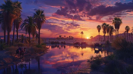 Zelfklevend Fotobehang A tranquil oasis scene at sunset with silhouettes of camels and towering palm trees reflected in water. Resplendent. © Summit Art Creations