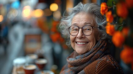 Elderly woman with grey hair and glasses smiles warmly in cozy atmosphere.
