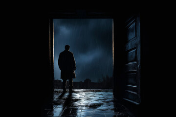 Mysterious Figure at Doorway in Rain