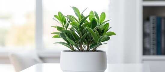 A small green Zamioculcas plant pot is placed on a white table in a modern interior setting. The plant adds a touch of nature to the minimalist decor.