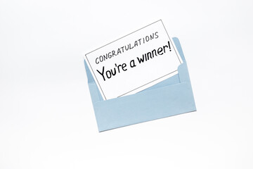 Lottery winner ticket or congratulatory letter on letter envelope. Winner concept.