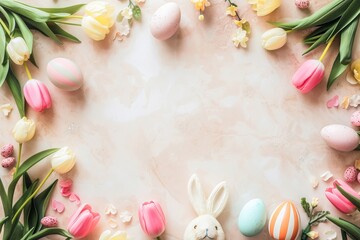 A pastel-colored Easter flat lay with a festive arrangement of eggs, tulips, and a bunny, representing spring and renewal