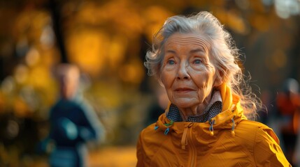Elderly woman in yellow jacket with earplugs, serene autumn setting, blurry background.