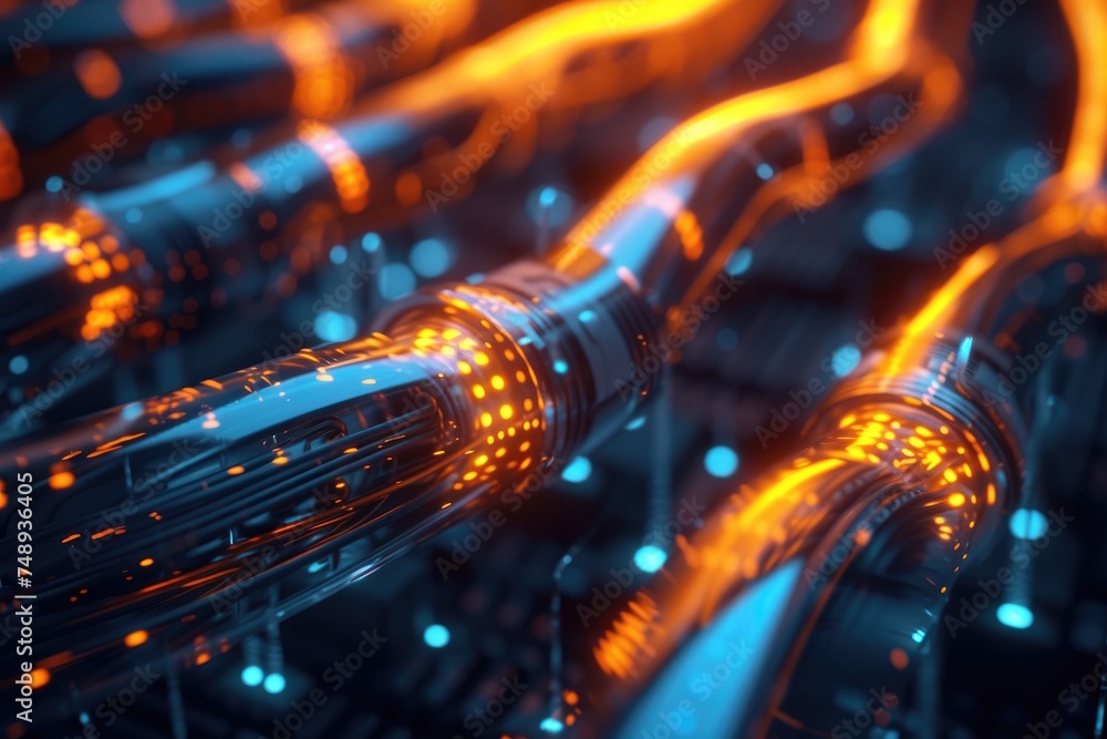 Poster futuristic technology concept featuring a circuit board with glowing blue and orange pipes, represen