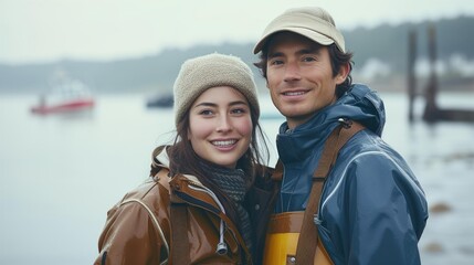 Couple in waterproof clothing pose by water, boat in background.