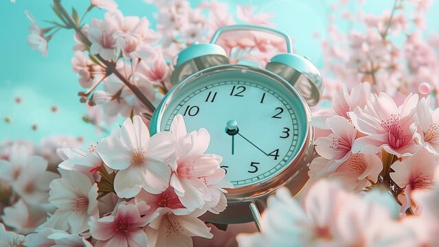 Spring time, spring ahead, time, time passing, hours, wall clock spinning animation through the hours on a spring time themed background
