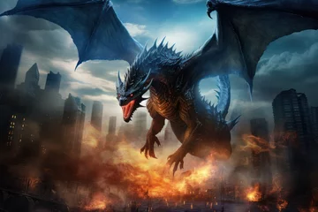 Fotobehang Fantasy dragon scene of an angry dragon flying and burning the whole city © Nico