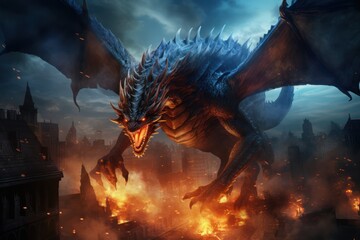 Fantasy dragon scene of a giant dragon flying over a burning city
