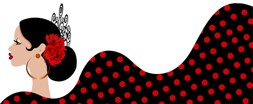 beautiful portrait Spanish Latin woman banner, hairstyles for flamenco girl wearing folk accessories peineta, red rose flower and earrings, polka dot dress, vector isolated on white background 
