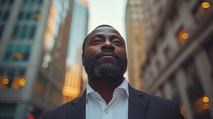 Man in formal attire gazing up in urban setting, showing contemplation and ambition.