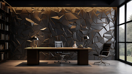 Abstract metallic patterns intricately integrated into a home office wall, adding an industrial touch to the unique interior