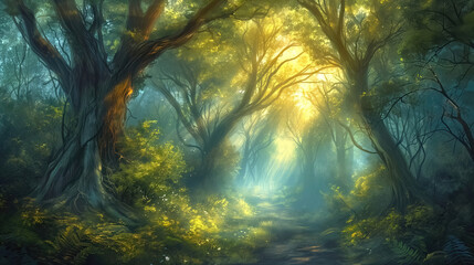 Fantastic forest with giant trees, atmospheric and fairy-tale landscape.