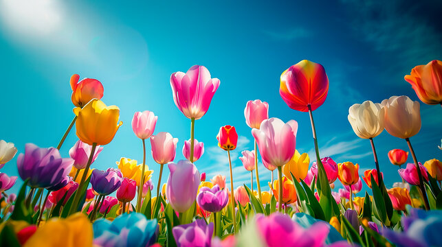 Spring landscape with bright tulips in a field in the sun