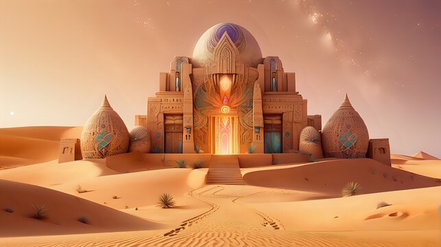 A mirage of a desert temple adorned with intricate patterns and glowing symbols, rising from the sands like a beacon of psychedelic spirituality.