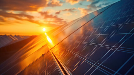 Photovoltaic solar panels on sunset sky background, green clean energy concept background.