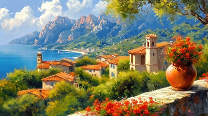 Oil painting of a small town on the Mediterranean Sea, mountains in the background, beautiful summer weather. - obrazy, fototapety, plakaty
