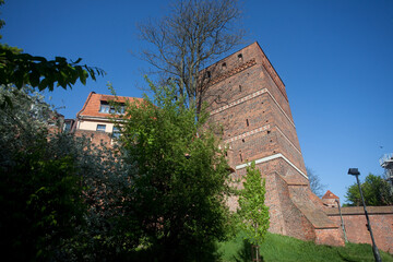 Krzywa wieża od zewnętrznej strony, otoczona murem obronnym, Toruń, Poland - obrazy, fototapety, plakaty