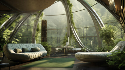 Biophilic design in a futuristic home, seamlessly integrating nature with technology to create a unique and harmonious living environment