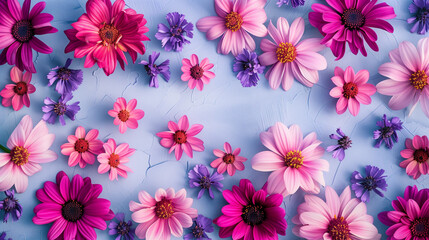 Fototapeta premium Pink and purple flowers laid flat
