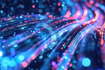 In a networked digital environment, dynamic fiber optic cables glow with red and blue lights, vividly depicting rapid data transfer and connectivity.