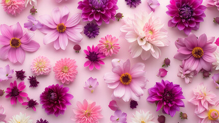 Pink and purple flowers laid flat