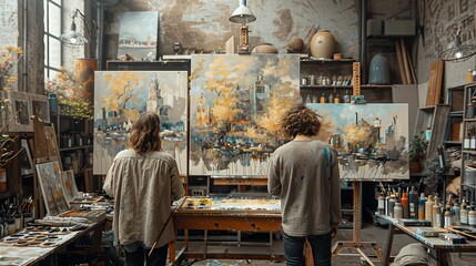 Two individuals are in an art studio admiring paintings - obrazy, fototapety, plakaty