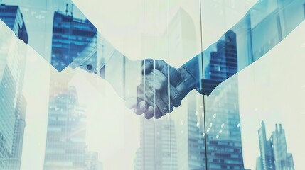 Double exposure partners shaking hands against the backdrop of a business center. Finance investment cooperation background