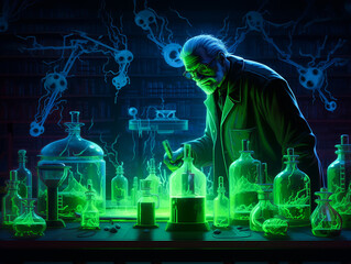 Genius yet mad professor working feverishly among glowing neon test tubes casting eerie shadows in a dark lab