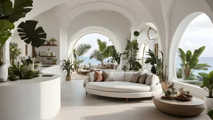 Fotobehang Modern take on upscale bali inspired small condo white round arches interor view of  kitchen  living room bedroom tropical foliage © Muhammad