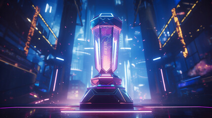 Gleaming eSports trophy on a stage bathed in neon lights capturing the pinnacle of gaming glory and competition