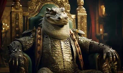 Poster Majestic crocodile king adorned in regal robes ruling from a golden throne scepter in claw in a luxurious palace © SOLO PLAYER