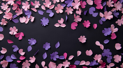 Pink and purple flowers laid flat