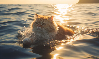 Plump cat enjoying a serene swim in the vast ocean surrounded by gentle waves capturing a moment of bliss - obrazy, fototapety, plakaty